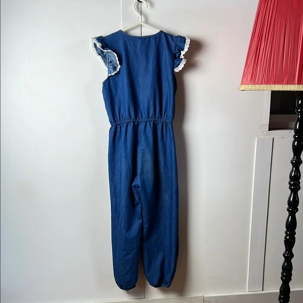 Kids Blue and White Flutter Sleeve Lace Bow Jumpsuit Coastal Sailor Style Romper - Picture 7 of 7